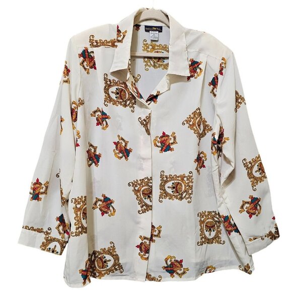 Hunters Run Shirt Womens Size B6 White Gold Printed Long Sleeve‎ Button Down - Picture 1 of 16